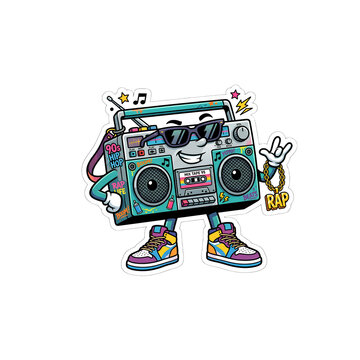 Cool 90s Hip Hop Boombox Mascot Character Sticker with Sunglasses and Sneakers