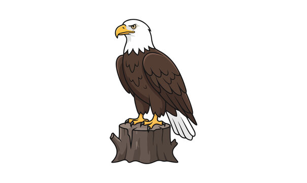 Majestic Bald Eagle Perched on Tree Stump Illustration On PNG Backgroun, bald eagle, eagle, bird, wildlife, animal, majestic, powerful, white head, yellow beak, talons, dark brown feathers,