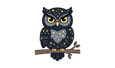 Starry Night Owl with Vivid Yellow Spots Illustration On PNG Backgroun, owl, bird, night owl, yellow spots, dark feathers, plumage, large eyes, sharp gaze, branch, perch, wildlife, 