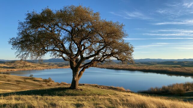 Serene landscape: hillside oak, glistening lake, and expansive sky in Vacaville's Lagoon Valley Park