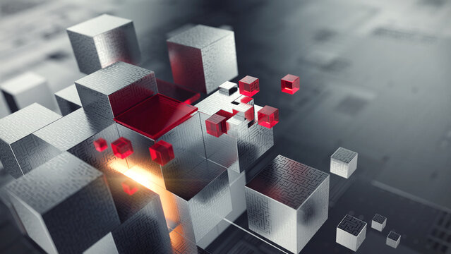 Abstract geometric blocks, AI systems, business finance, digital infrastructure concept. 3D cube abstract geometric blocks- technology and blockchain network. 3d rendering