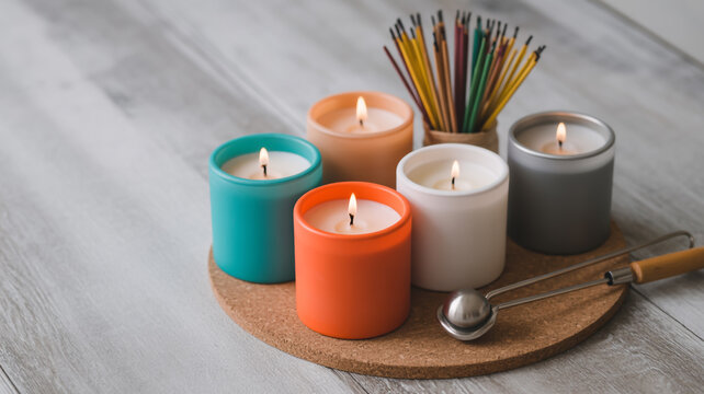 Colorful Scented Candles with Incense Sticks and Snuffer on Wooden Surface