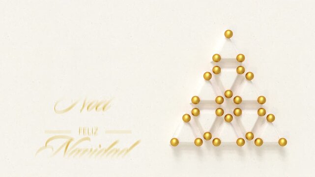Christmas tree made from embossed paper triangles and golden baubles. Multi language "Merry Christmas" messages rolling through (English, German, Spanish, French, Italian)