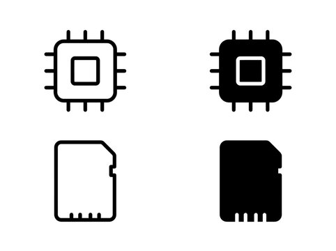 Cpu processor and sd memory card icon set in linear and solid styles