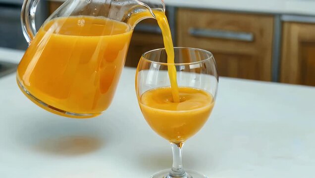 Crisp 4K slow-motion video showing vibrant orange juice pouring into a clear glass tumbler on a bright kitchen table creating energetic splash dynamics for beverage commercials