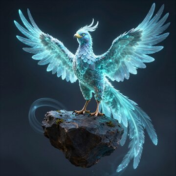 Majestic ethereal phoenix with glowing wings perched on a floating rock