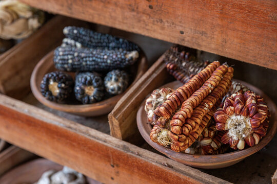 Different varieties of corn, native potatoes, chu&ntilde;o, from the Peruvian Andes