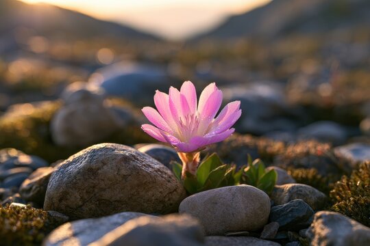 Single bitterroot plant flowering in a rugged alpine meadow, soft morning light
