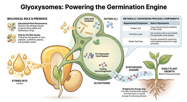 Educational infographic exploring glyoxysomes, lipid metabolism, the glyoxylate cycle, fatty acid conversion and their role in seed germination.