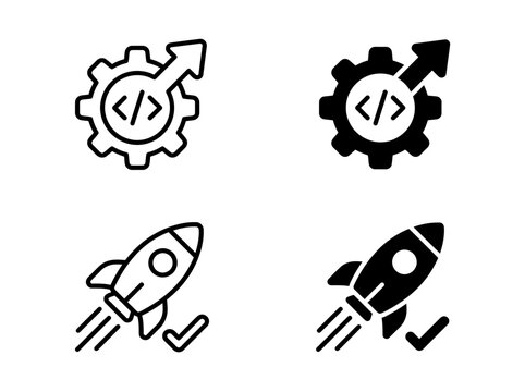 Coding gear and rocket launch icon set with development, software