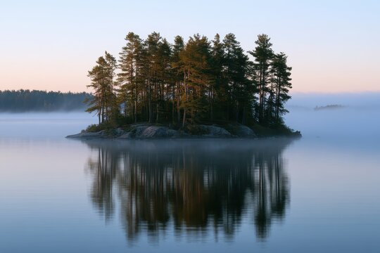 Small pine island on a quiet lake at dawn with misty reflections