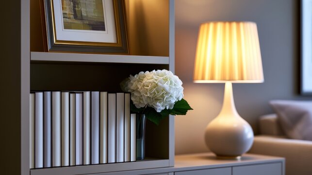Cozy living room corner with a soft-lit lamp and shelf books, accentuated by a framed painting