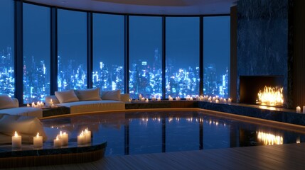 Fototapeta premium Luxurious candle-lit room with city view features expansive windows, cozy sofas, and a glowing fireplace