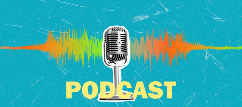 Art collage representing the theme of podcasting with colorful sound waves and a microphone