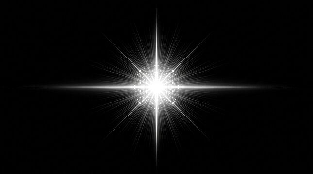 A realistic silvery-white platinum light flare effect on a pure black background, featuring an ultra-bright, star-like sparkling center with pristine horizontal rays and delicate radial needle beams. 
