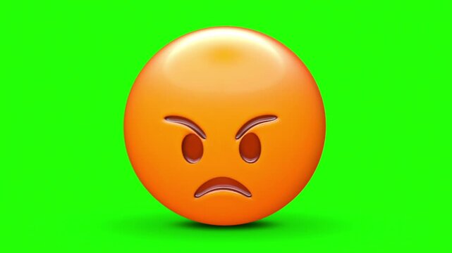 3D emoji with a furious expression, furrowed eyebrows, and a downturned mouth 4k stock animation video on a green screen for chroma key background in video editing.