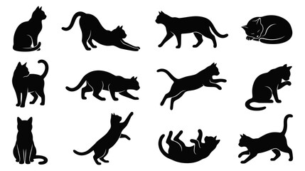 Obraz premium Black cat silhouettes in various poses and movements on white background vector graphic illustration