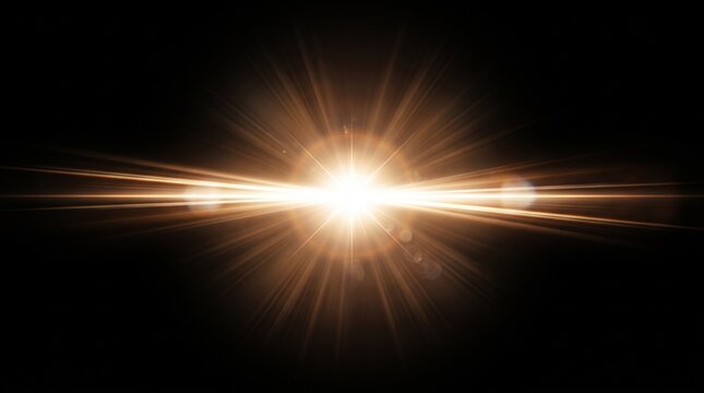 A realistic white light flare effect on a pure black background, featuring a bright glowing point of light at the center with intense horizontal rays and subtle radial beams extending outward