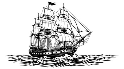 A historic sailing ship navigates through rough seas with its sails fully raised and a flag © Vector Pulse