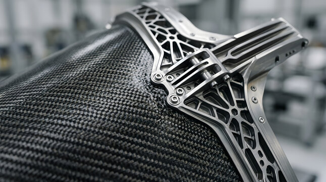 Futuristic Aerospace Engineering Component Combining Carbon Fiber Composites with Titanium Bracket