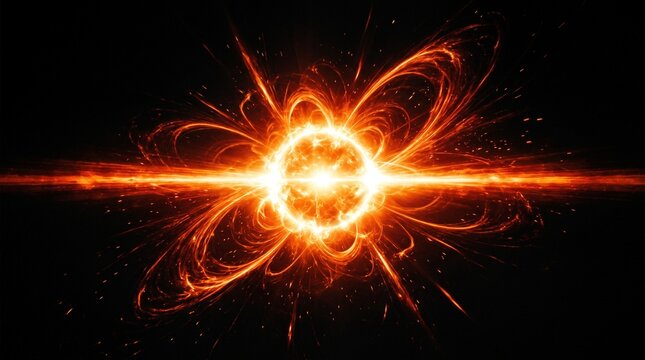 A realistic fiery orange and red light flare effect on a pure black background, featuring a blazing sun-like glowing core at the center with intense horizontal heat rays and sweeping radial solar flar