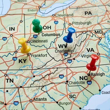 Push Pins Marking Locations on USA Map Ohio Kentucky West Virginia North Carolina