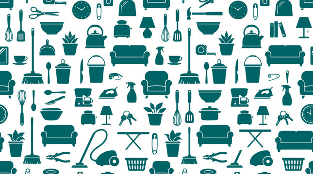 Teal and white seamless pattern of household icons cleaning tools and home appliances