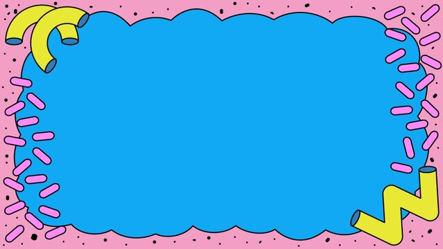 Retro 80s Style Background with Wavy Blue Copy Space, Pink Border and Yellow Abstract Shapes