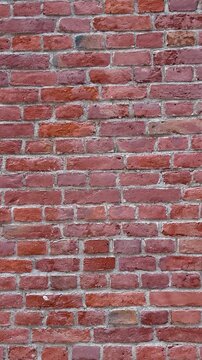 A closeup of an old red brick wall with gray mortar joints fills the frame. Brick texture, masonry background, rustic surface, building material