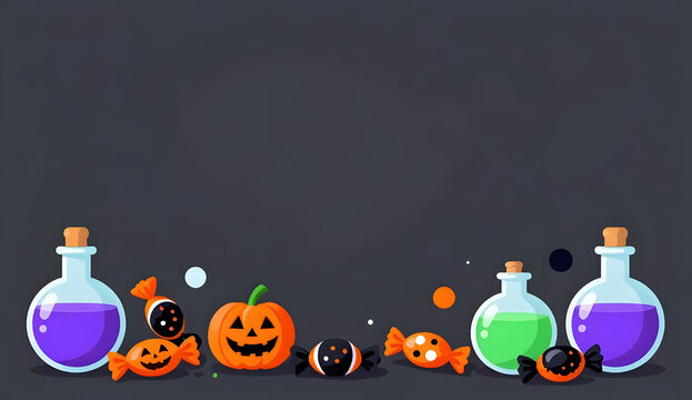 Halloween banner background with witch potion bottles candies and carved jack o lantern pumpkin on dark background with copy space