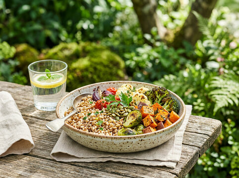 A ceramic bowl filled with cooked grains, roasted vegetables like broccoli, sweet potatoes