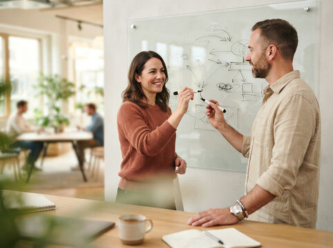 Two colleagues brainstorming with markers and diagrams on a glass office whiteboard