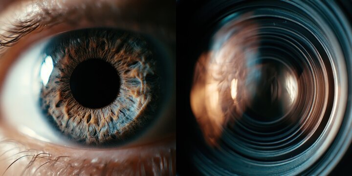 Close up of human eye and camera lens highlighting visual and optical details