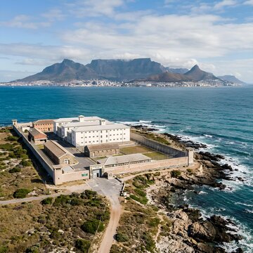 Robben Island Prison and Table Mountain Cape Town Aerial View