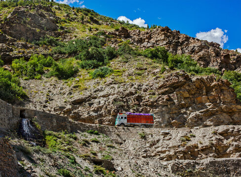 Manali-Leh road in Indian Himalayas with lorry in Himachal Pradesh, India