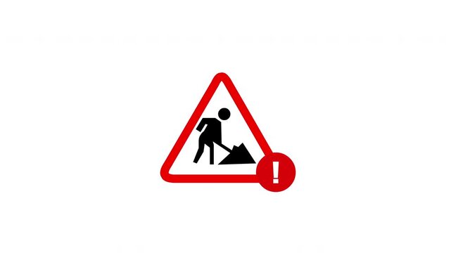 2D Construction Work Warning Sign with Worker and Red Hazard Triangle on White Background