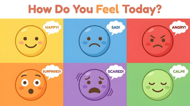 How do you feel today cartoon emoticons showing different emotions happy sad angry surprised scared calm.