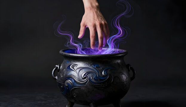 Witch hand reaching into a glowing magic cauldron with purple smoke and mystical swirls on a dark background for Halloween