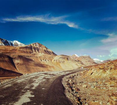 Vintage retro effect filtered hipster style travel scene of Manali-Leh road to Ladakh in Indian Himalayas near Baralacha-La pass. Himachal Pradesh, India