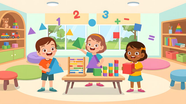 Children at School Classroom Drawing on Board, Cute Cartoon Vector Illustration for Kids Education, Preschool Learning, Fun Childhood Activities and Friends