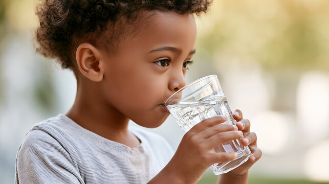 Young black boy drinking a glass of fresh water outdoors on a sunny day.