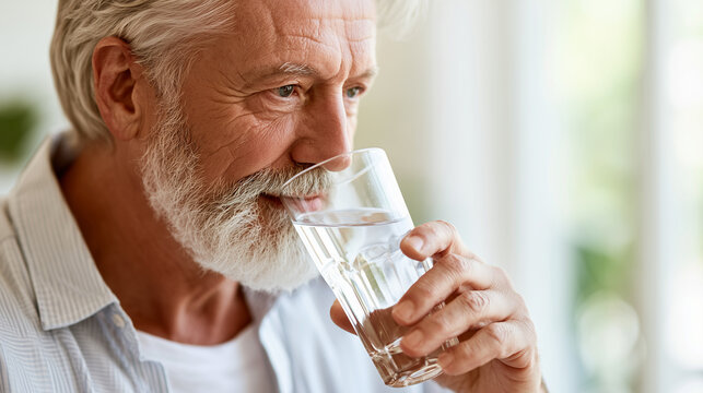 Elderly man with a white beard drinking a glass of fresh water at home.