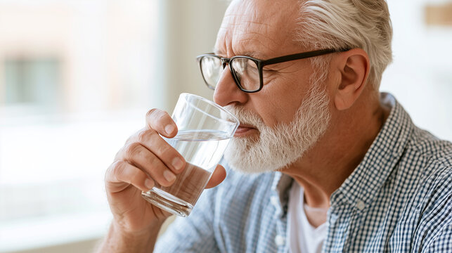 Senior man with glasses drinking fresh water from a glass.