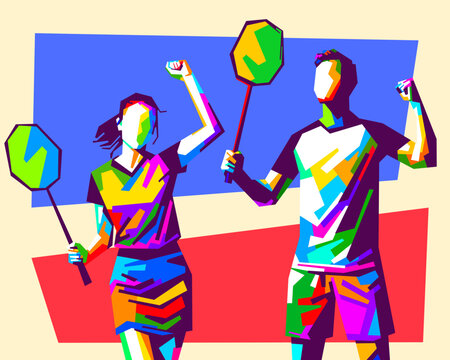 Vibrant vector illustration set of male and female badminton players celebrating victory in WPAP pop art style with colorful geometric shapes.