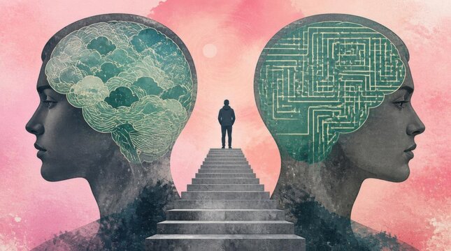Abstract Dual Heads with Cloud and Maze Inner Skulls a Person on Steps