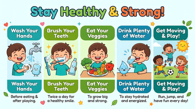 Stay healthy and strong with tips on washing hands brushing teeth eating veggies drinking water and playing.