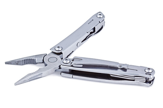 A steel metal multitool isolated on white, with pocket tool