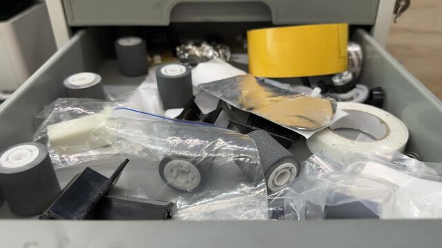 An open gray drawer holds printer spare parts, rubber rollers, tape and plastic bags. Device repair, spare parts, workshop storage, service tools