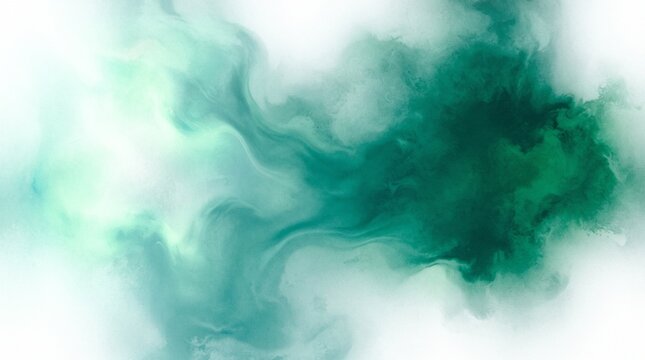 Ethereal emerald green ink swirl on white background. Abstract watercolor smoke texture. Fluid teal paint splash for artistic design.