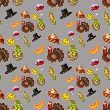 Thanksgiving Day Seamless Pattern with Cute Turkey, Pumpkins, Pies and Autumn Harvest Elements Background